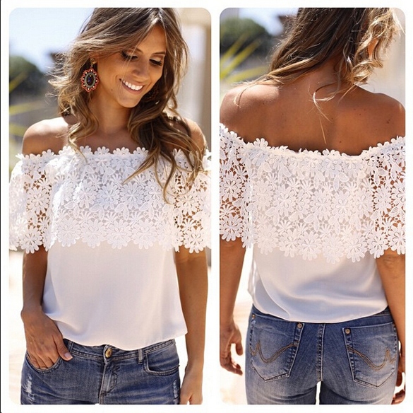 Lady Women's Off Shoulder Lace Splicing Sexy Chiffon Patchwork Tops Blouse