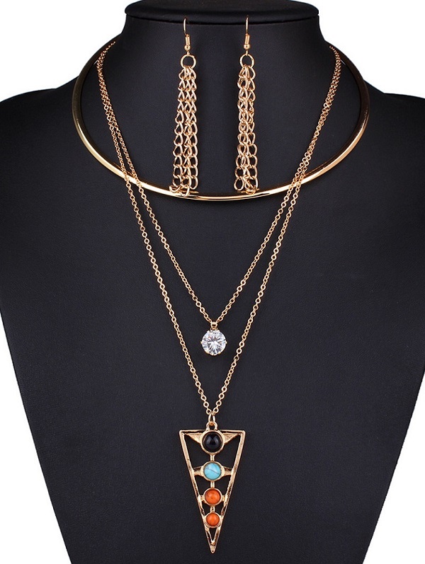 Zaful Rhinestone Triangle Tassel Necklace and Earrings