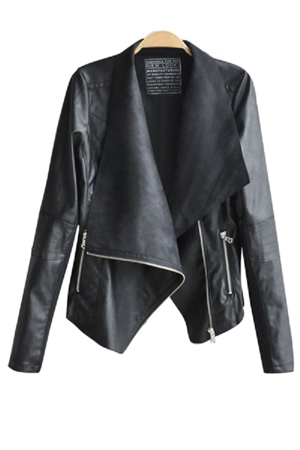 Zaful Turn-Down Collar Black PU Leather Jacket