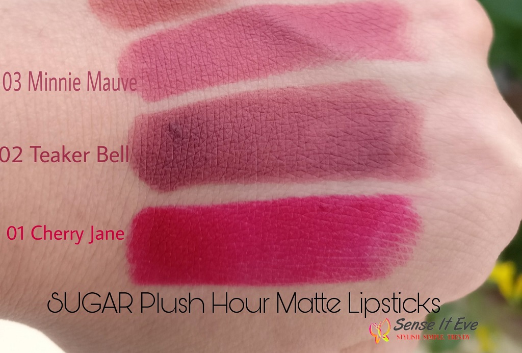 SUGAR Plush Hour Matte Lipsticks Cherry Jane Teaker Bell Minnie Mauve Sense It Eve SUGAR PLUSH HOUR MATTE LIPSTICKS : REVIEW & SWATCHES