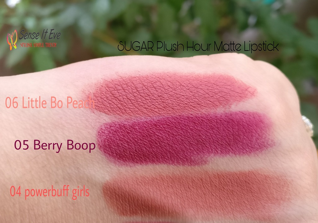 SUGAR Plush Hour Matte Lipsticks Powerbuff Girls Berry Boop Little Bo Peach Sense It Eve SUGAR PLUSH HOUR MATTE LIPSTICKS : REVIEW & SWATCHES