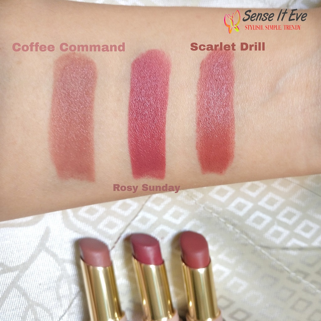 Lakme 9to5 Matte Lipstick Swatches Coffee Command Rosy Sunday Scarlet Drill Swatches Sense It Eve Lakme 9 to 5 Matte Lipstick Rosy Sunday: Review & Swatches