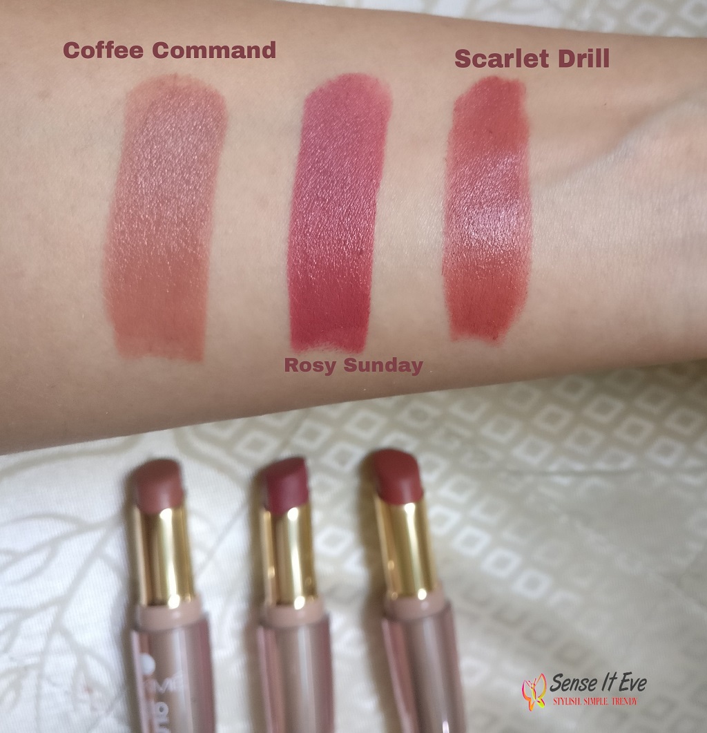 Lakme 9to5 Matte Lipstick Swatches Coffee Command Rosy Sunday Scarlet Drill Sense It Eve Lakme 9 to 5 Matte Lipstick Rosy Sunday: Review & Swatches