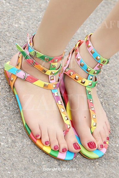 Rainbow Rivets Flip-Flop Color Block Sandals