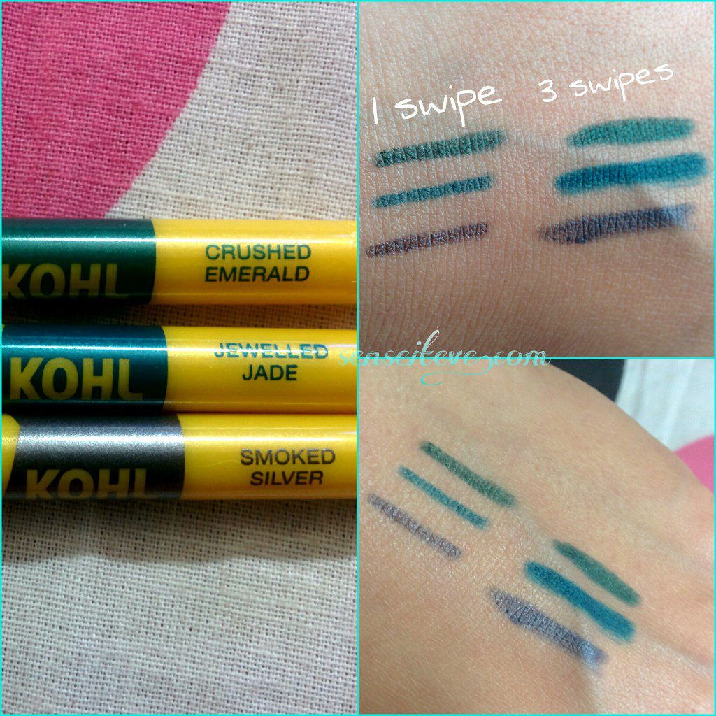 Maybelline the Colossal Kohls Crushed Emerald, Jewelled Jade & Smoked Silver Swatches