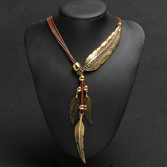 Fashion Bohemian Style Bronze Rope Chain Feather Pattern
