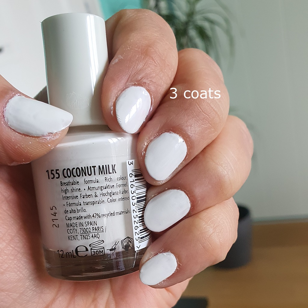 Max Factor Miracle Pure Nail Paint 155 Coconut Milk Swatch 3 coats