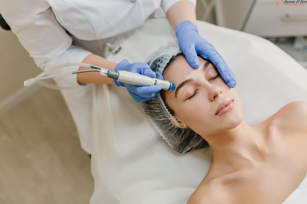 view from rejuvenation beautiful woman enjoying cosmetology procedures beauty salon dermatology hands blue glows healthcare therapy Sense It Eve Chronicles of Craft: Celebrating RF Microneedling's Climb
